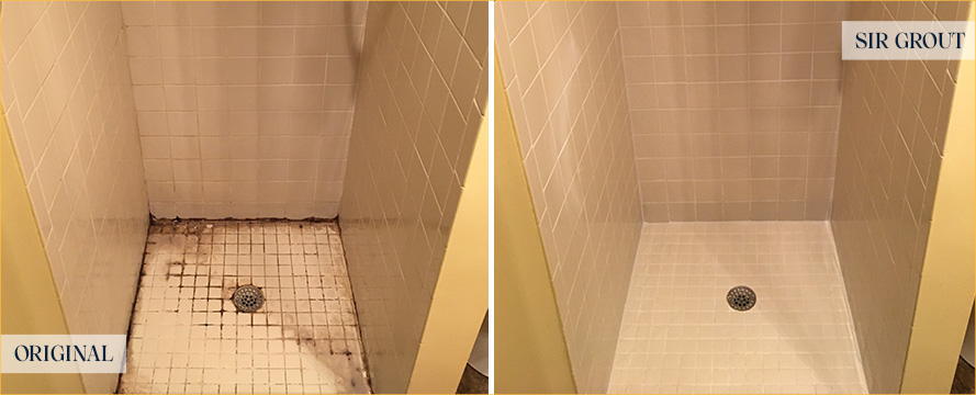 Shower Stall Before and After a Service from Our Tile and Grout Cleaners in Satellite Beach