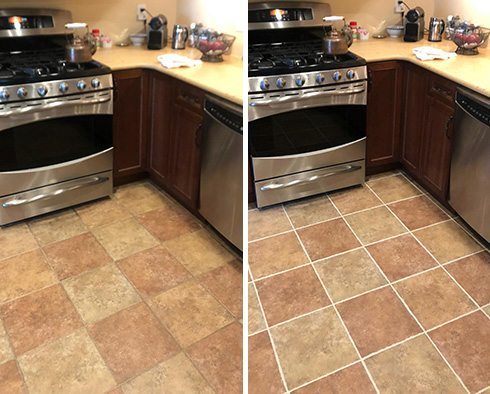 Kitchen Floor Before and After a Grout Cleaning in Melbourne Beach
