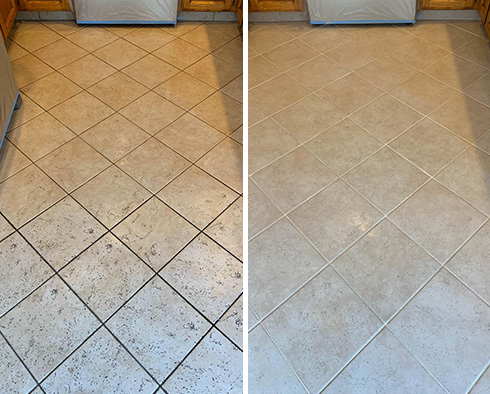 Kitchen Floor Before and After a Service from Our Tile and Grout Cleaners in Palm Bay