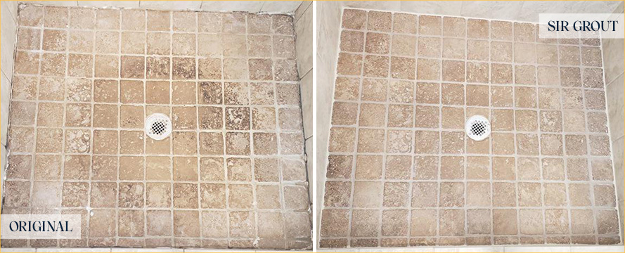 Shower Floor Before and After a Stone Cleaning in Micco