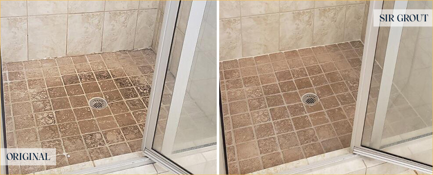 Shower Stall Before and After a Stone Cleaning in Micco