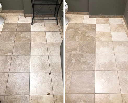 Bathroom Floor Before and After a Service from Our Tile and Grout Cleaners in Melbourne Beach