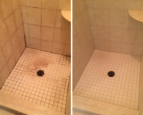 Shower Stall Before and After a Service from Our Tile and Grout Cleaners in Indialantic