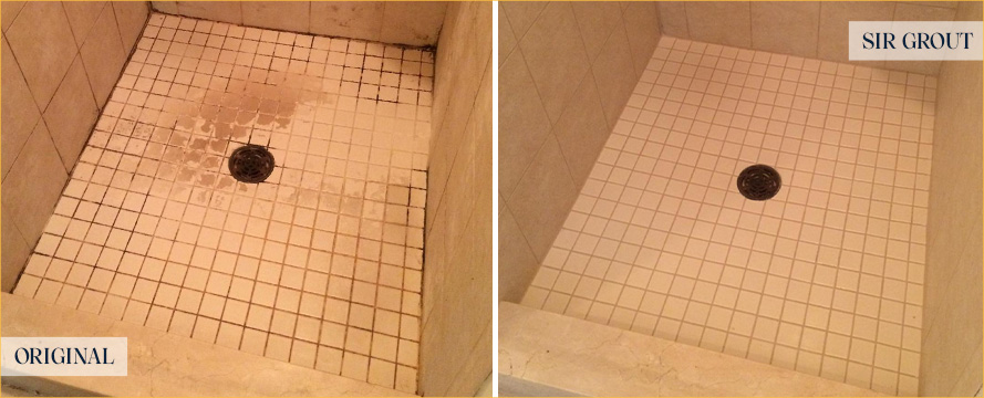 Shower Stall Before and After a Service from Our Tile and Grout Cleaners in Indialantic