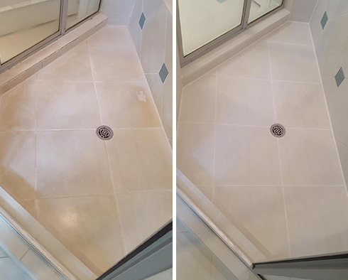 Shower Floor Before and After a Tile Cleaning in Satellite Beach