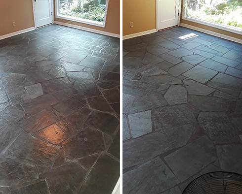 Living Room Floor Before and After a Stone Cleaning in Malabar