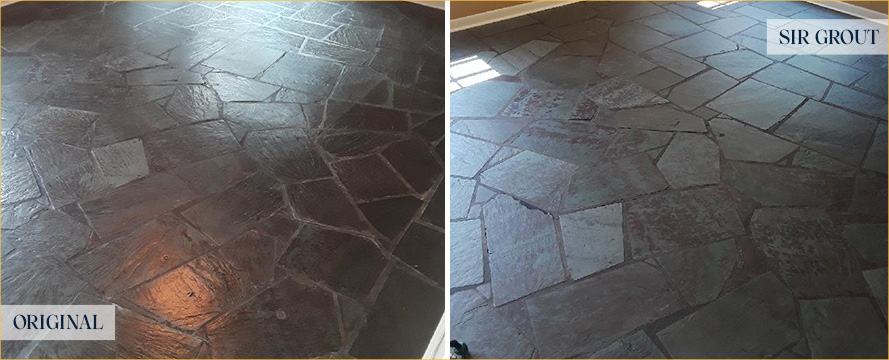 Living Room Floor Before and After a Stone Cleaning in Malabar