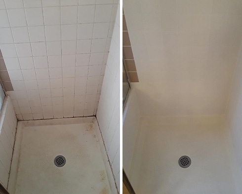 Shower Floor and Walls Before and After a Tile Cleaning in Satellite Beach
