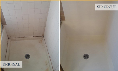 Shower Floor and Walls Before and After a Tile Cleaning in Satellite Beach