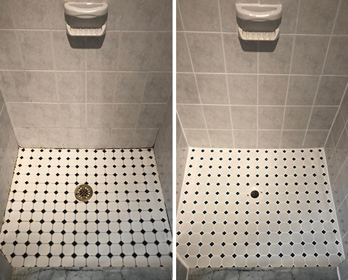 Shower Floor and Walls Before and After a Grout Cleaning in Cape Canaveral