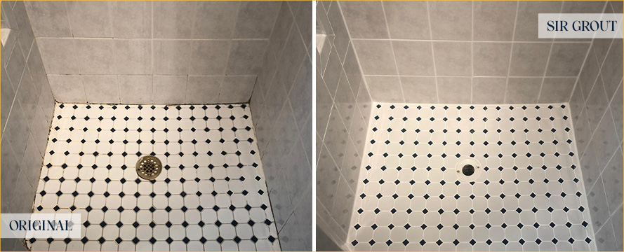 Shower Floor and Walls Before and After a Grout Cleaning in Cape Canaveral