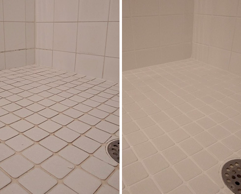 Tile Shower Before and After a Grout Cleaning in Titusville