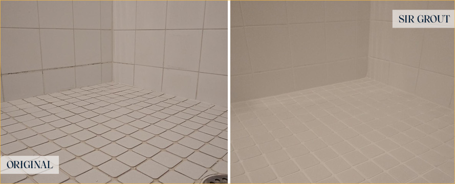 Tile Shower Before and After a Grout Cleaning in Titusville