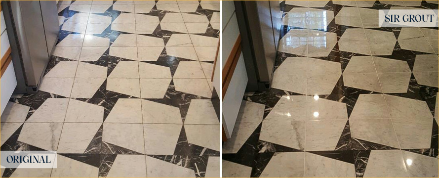 Kitchen Floor Before and After a Stone Polishing in Malabar