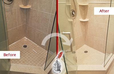 Before and After Picture of a Bathroom Caulking on a Porcelain Tile Shower