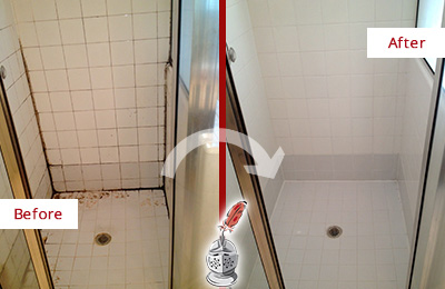 Sir Grout Caulks the Wall Joints of this Porcelain Tile Shower to Avoid Water Leakages Before and After Picture of a Caulking on this Shower's Wall Joints