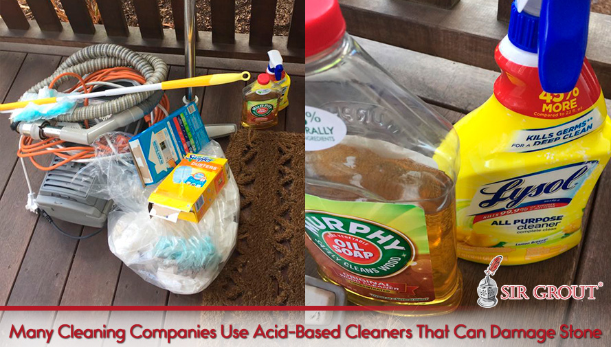 Set of Acid-Based Cleaners Outside of Porch Used by Many Cleaning Companies That Can Damage Stone