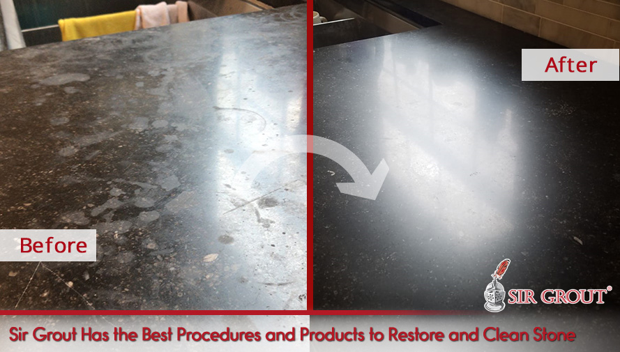 Prior to Sir Grout's Service, This Stone Countertop Was Damaged and Now It's Polished and Shiny