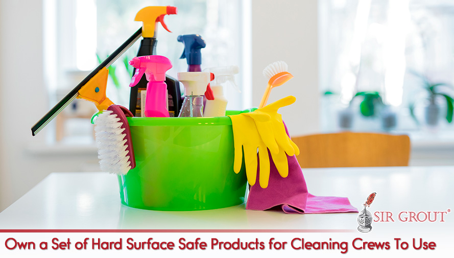 Bucket Filled With Hard Surface Safe Cleaners, Gloves and Tools for Cleaning Crews To Use