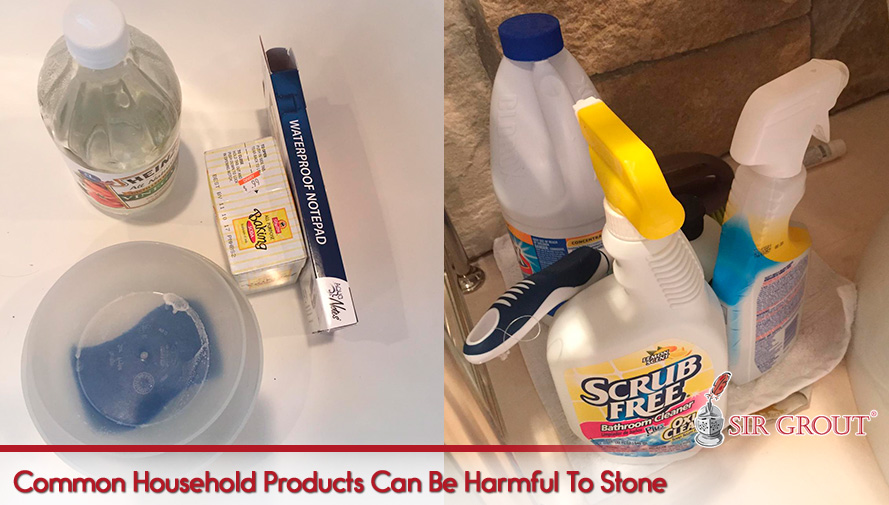 Household Vinegar, Chlorine and Bathroom Cleaners Shown in Shower Are Known To Be Harmful to Stone