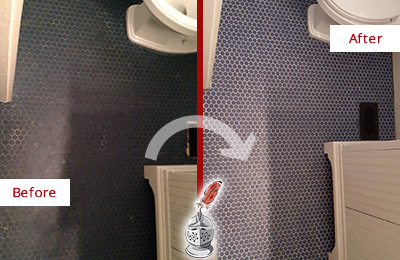 Before and After Picture of Grout Sealing on a Bathroom Floor